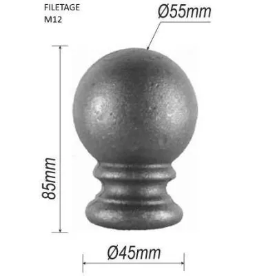 Tête de départ forme boule pour rampe d'escalier 85 x 45 Diamètre 55 Filetage M12 ACIER Ref: B22DM12