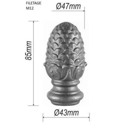 pièce élément ferronnier Tête de départ forme pomme de pin pour escalier 85 x 43 Diamètre 47 Filetage M12 Ref: P35AM12