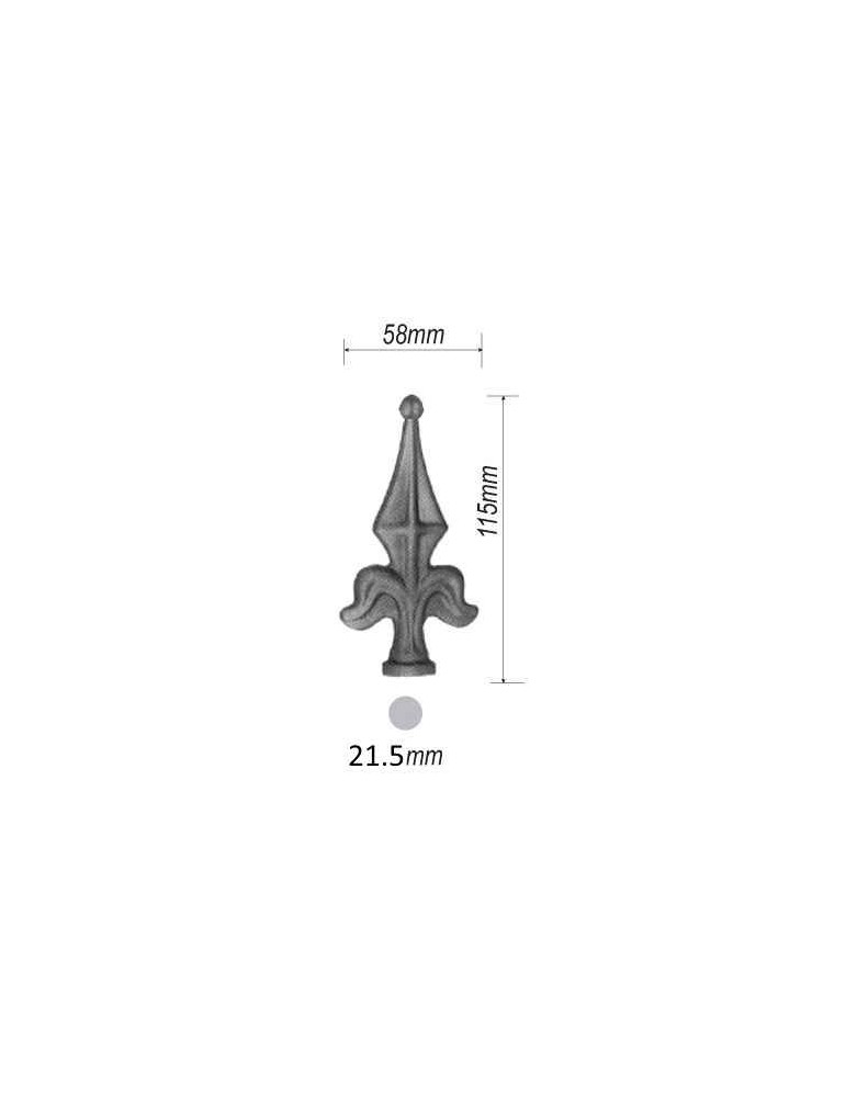 Pointe de lance fleur de lys sans épaulement 115 x 58 Diamètre 21 ACIER FER FORGE Ref: BE13060-02