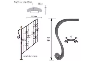 pièce élément ferronnier serrurier Crosse de départ roulée 310 Section 40x11 ACIER FER FORGE Ref: BBS40