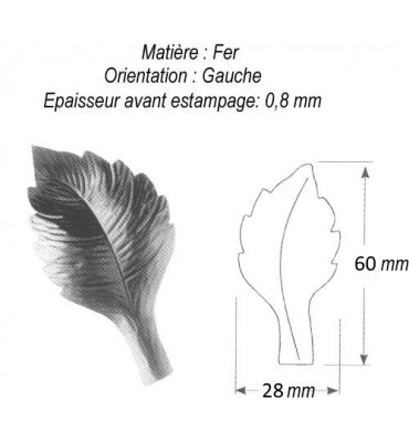 Feuille de Rosier Gravure gauche 60 x 28 ACIER Ref: GFR044F2