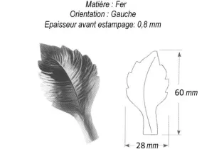 Feuille de Rosier Gravure gauche 60 x 28 ACIER Ref: GFR044F2