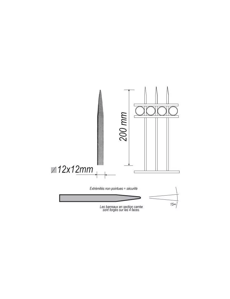 pièce élément ferronnier serrurier Barreau appointé CARRE Longueur 200 Section 12x12 ACIER FER FORGE Ref: P1CL12