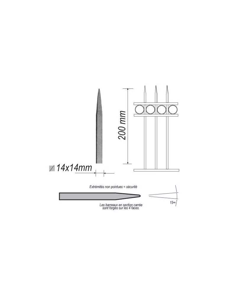 pièce élément ferronnier serrurier Barreau appointé CARRE Longueur 200 Section 14x14 ACIER FER FORGE Ref: P1CL14