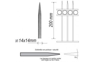 pièce élément ferronnier serrurier Barreau appointé CARRE Longueur 200 Section 14x14 ACIER FER FORGE Ref: P1CL14