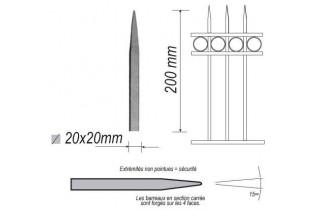 pièce élément ferronnier serrurier Barreau appointé CARRE Longueur 200 Section 20x20 ACIER FER FORGE Ref: P1CL20