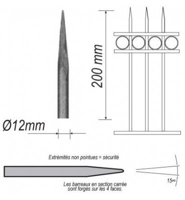 pièce élément ferronnier serrurier Barreau appointé ROND Longueur 200 Diamètre 12 ACIER FER FORGE Ref: P1RL12