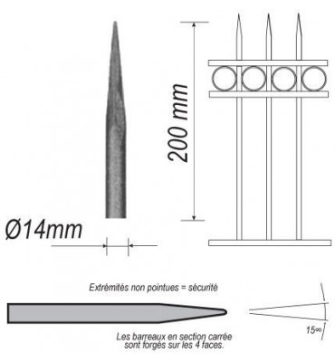 pièce élément ferronnier serrurier Barreau appointé ROND Longueur 200 Diamètre 14 ACIER FER FORGE Ref: P1RL14