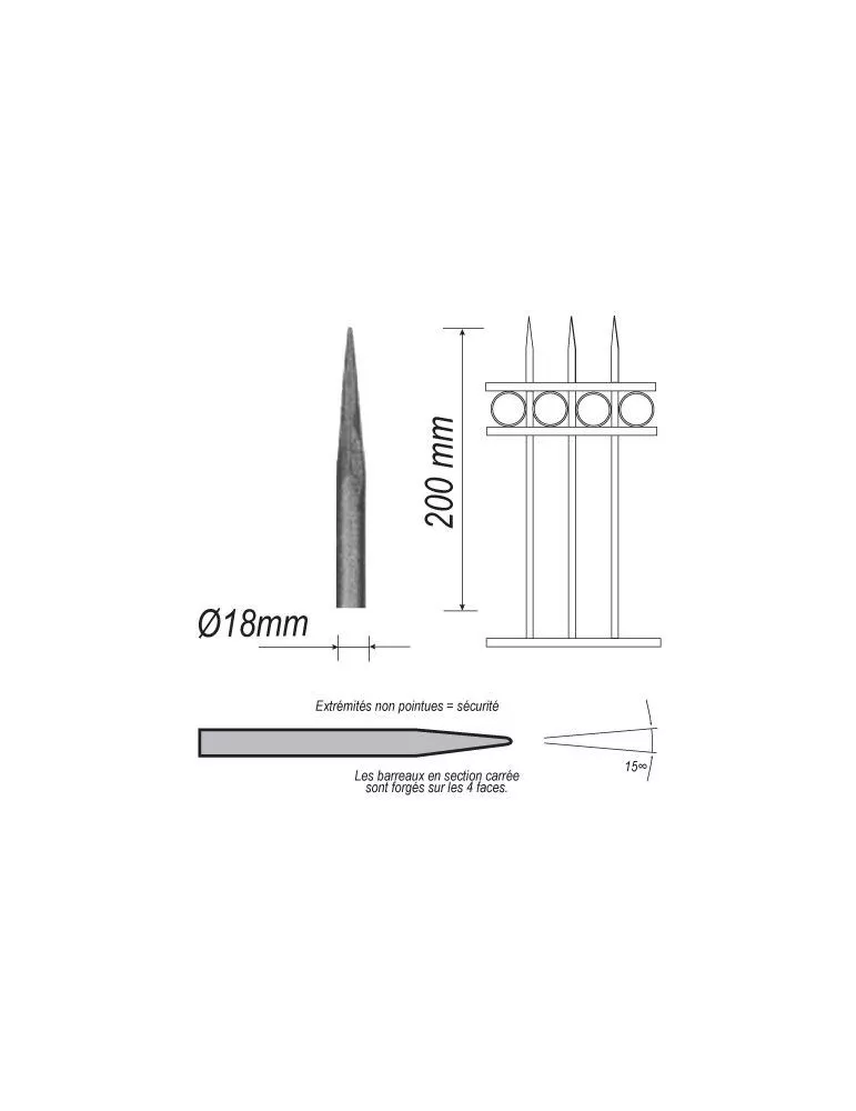 pièce élément ferronnier serrurier Barreau appointé ROND Longueur 200 Diamètre 18 ACIER FER FORGE Ref: P1RL18