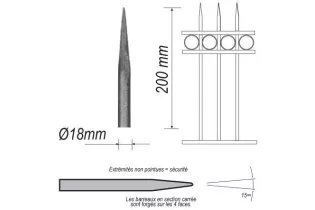 pièce élément ferronnier serrurier Barreau appointé ROND Longueur 200 Diamètre 18 ACIER FER FORGE Ref: P1RL18