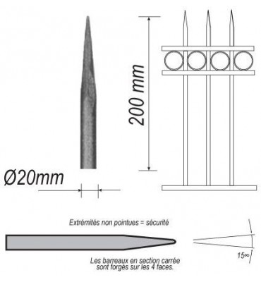 pièce élément ferronnier serrurier Barreau appointé ROND Longueur 200 Diamètre 20 ACIER FER FORGE Ref: P1RL20