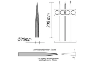 pièce élément ferronnier serrurier Barreau appointé ROND Longueur 200 Diamètre 20 ACIER FER FORGE Ref: P1RL20