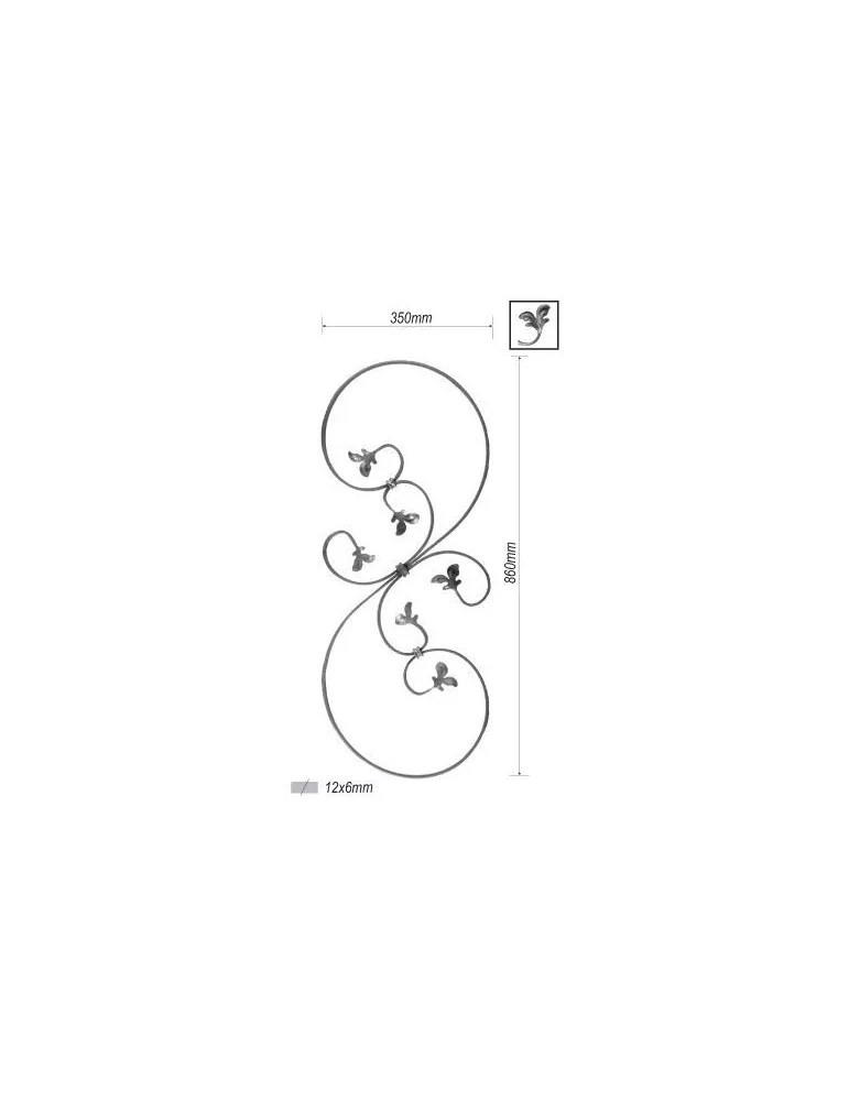 pièce élément ferronnier serrurier VOLUTE DECORATIVE LISSE FEUILLE 860x350 Section 12x6 ACIER FER FORGE Ref: PAN1