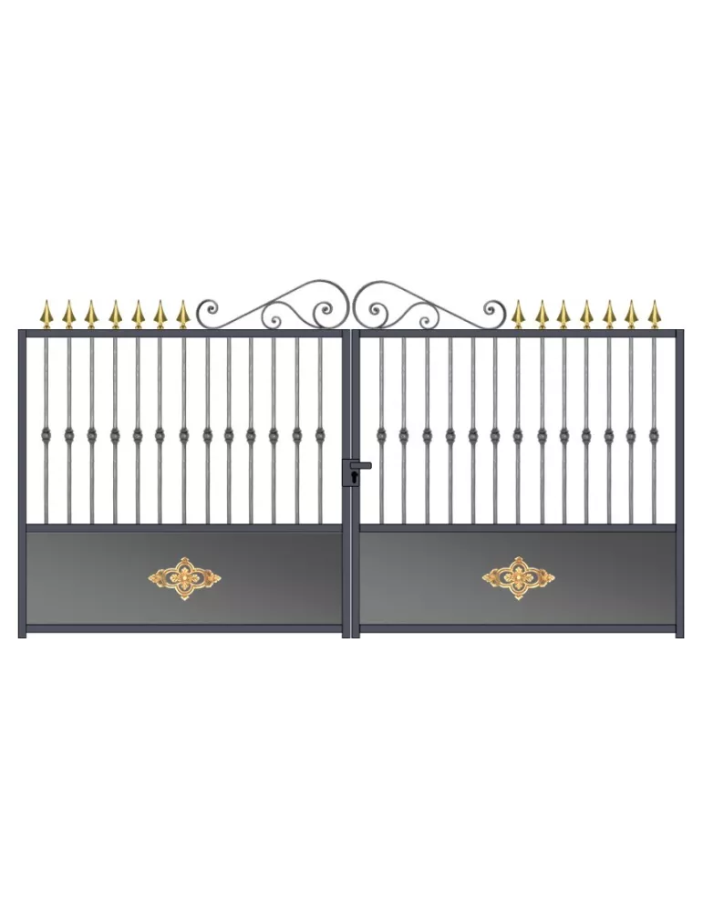 Portail fer forgé prêt à poser 2 battants avec serrure de 3m à 4m PL-1600S-B