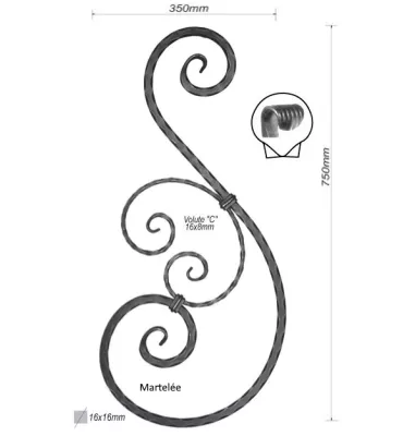 VOLUTE DECORATIVE LISSE 750x350 Section 16x16 ACIER FER FORGE Ref: BE04120