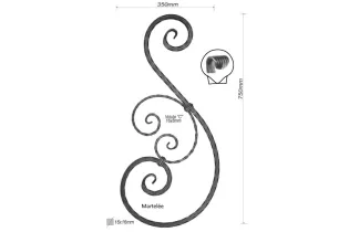 VOLUTE DECORATIVE LISSE 750x350 Section 16x16 ACIER FER FORGE Ref: BE04120