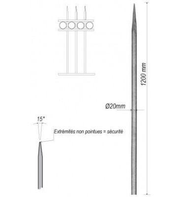 pièce élément ferronnier serrurier Barreau appointé ROND Longueur 1200 Diamètre 20 ACIER FER FORGE Ref: 1RL20-1200