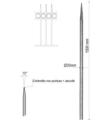 pièce élément ferronnier serrurier Barreau appointé ROND Longueur 1500 Diamètre 20 ACIER FER FORGE Ref: 1RL20-1500