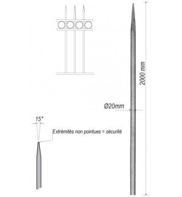 pièce élément ferronnier serrurier Barreau appointé ROND Longueur 2000 Diamètre 20 ACIER FER FORGE Ref: 1RL20-2000