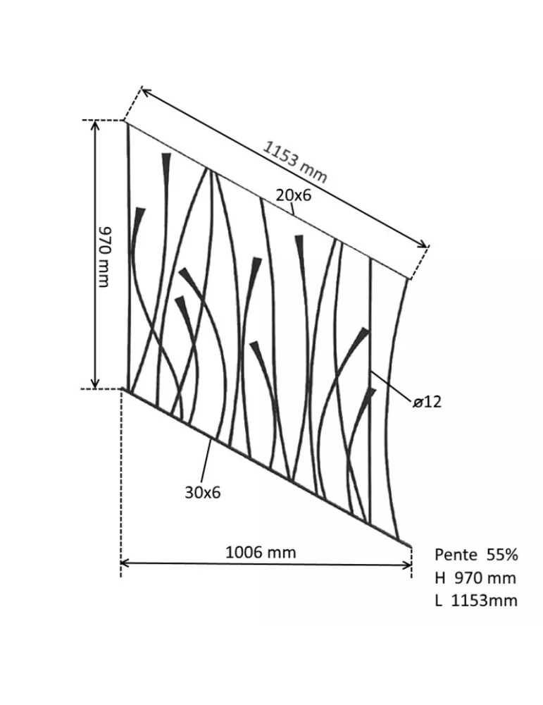 Panneau décoratif module rampant 1153 x 970 Diamètre 12 ACIER FER FORGE LISSE Ref: BT60302010