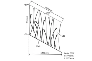 Panneau décoratif module rampant 1153 x 970 Diamètre 12 ACIER FER FORGE LISSE Ref: BT60302010