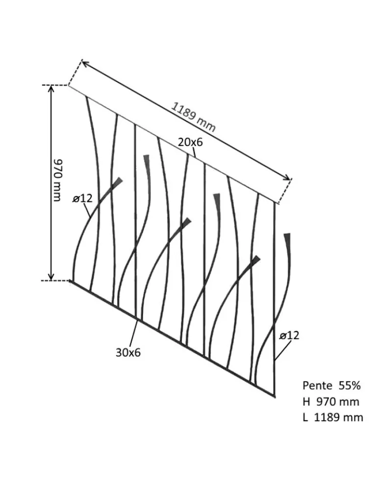 Panneau décoratif module rampant 1189 x 970 Diamètre 12 ACIER FER FORGE LISSE Ref: BT60302020