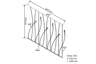 Panneau décoratif module rampant 1189 x 970 Diamètre 12 ACIER FER FORGE LISSE Ref: BT60302020