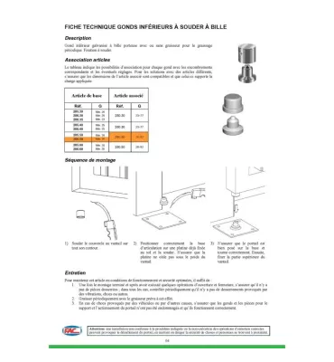 Documentation 01 Pivot inférieur avec roulement pour portail Longueur 35 Diamètre 44 ACIER Ref: F66.247