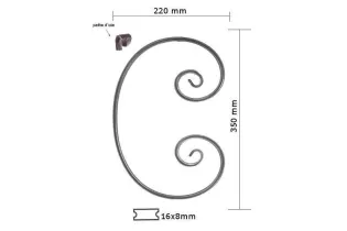 VOLUTE en C LISSE PATTE D OIE 350x220 Section 16x8 ACIER FER FORGE Ref: F53.345
