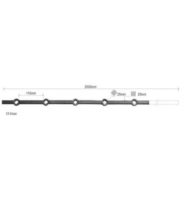 pièce élément ferronnier serrurier Barre LISSE TROU RENFLE CARRE Longueur 2000 Section 25x25 Passage CARRE ACIER FER FORGE Re...