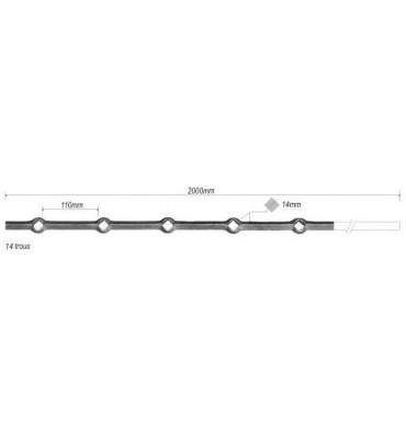 pièce élément ferronnier serrurier Barre LISSE TROU RENFLE CARRE Longueur 2000 Section 14x14 Passage CARRE ACIER FER FORGE Re...