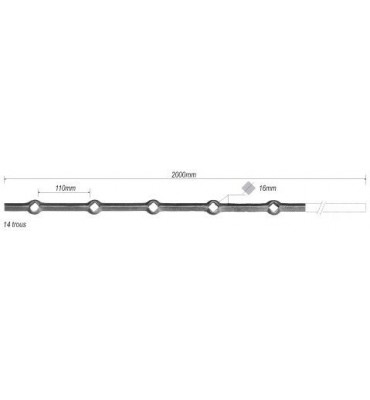 pièce élément ferronnier serrurier Barre LISSE TROU RENFLE CARRE Longueur 2000 Section 16x16 Passage CARRE ACIER FER FORGE Re...