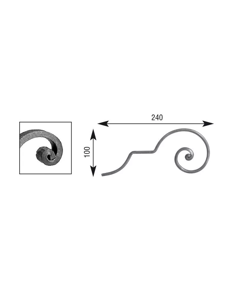 pièce élément ferronnier serrurier VOLUTE LISSE NOYAU 240x100 Section 14x6 ACIER FER FORGE Ref: V114L14X6