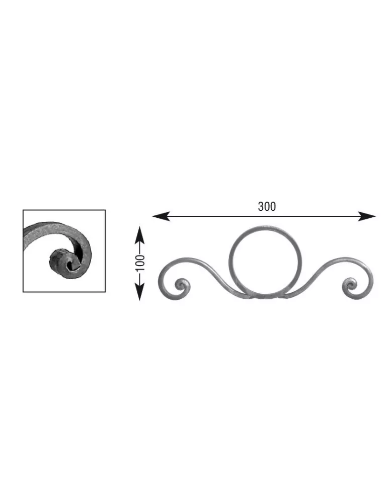 pièce élément ferronnier serrurier VOLUTE LISSE NOYAU 300x100 Section 14x6 ACIER FER FORGE Ref: V116L14X6
