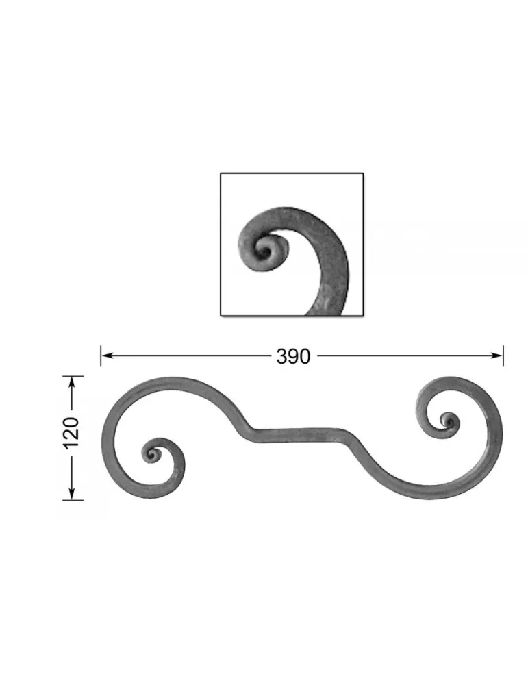 VOLUTE en S LISSE NOYAU 390x120 Section 14x14 ACIER FER FORGE Ref: VC11-14