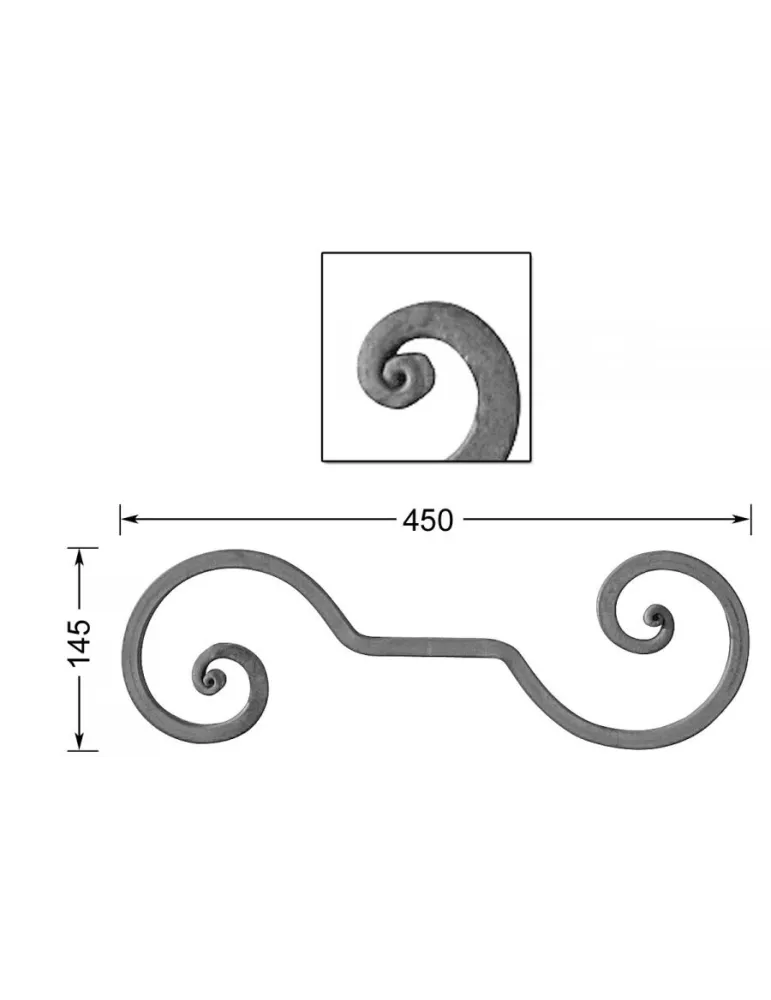 VOLUTE en S LISSE NOYAU 450x145 Section 14x14 ACIER FER FORGE Ref: VC13-14
