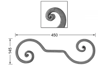 VOLUTE en S LISSE NOYAU 450x145 Section 14x14 ACIER FER FORGE Ref: VC13-14