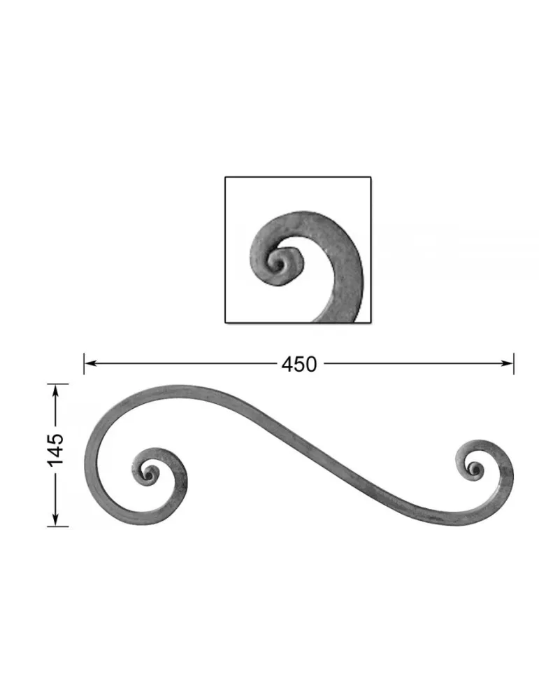 VOLUTE en S LISSE NOYAU 450x145 Section 14x14 ACIER FER FORGE Ref: VC14-14
