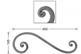 VOLUTE en S LISSE NOYAU 450x145 Section 14x14 ACIER FER FORGE Ref: VC14-14