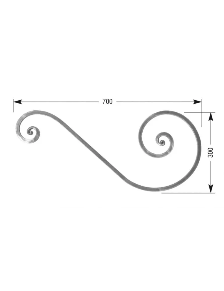 VOLUTE en S LISSE NOYAU 700x300 Section 14x14 ACIER FER FORGE Ref: VC5-14