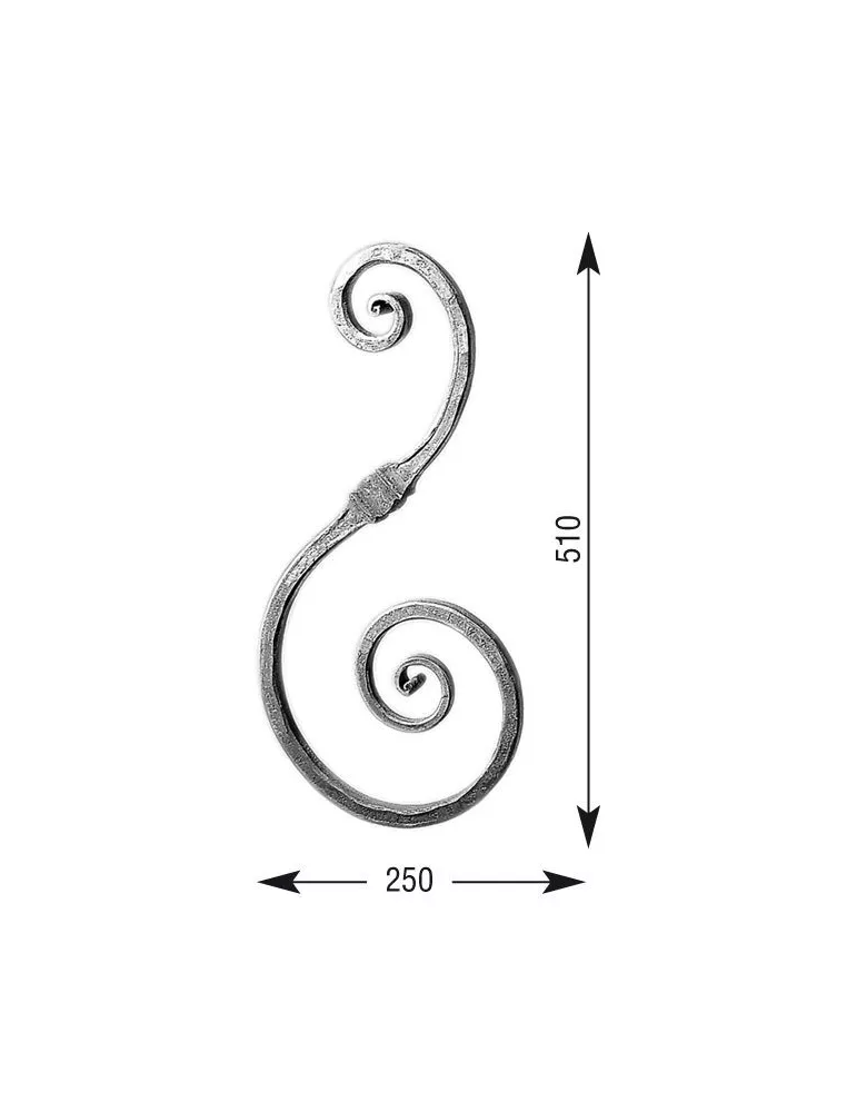 pièce élément ferronnier serrurier VOLUTE DECORATIVE MARTELE 510x250 Section 22x22 ACIER FER FORGE Ref: VD7