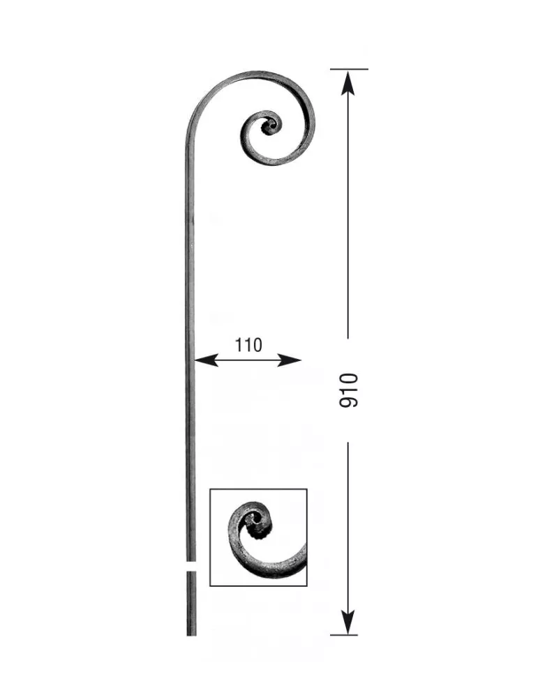 pièce élément ferronnier serrurier VOLUTE A FORMER LISSE NOYAU 910x110 Section 14x6 ACIER FER FORGE Ref: VF101-14x6