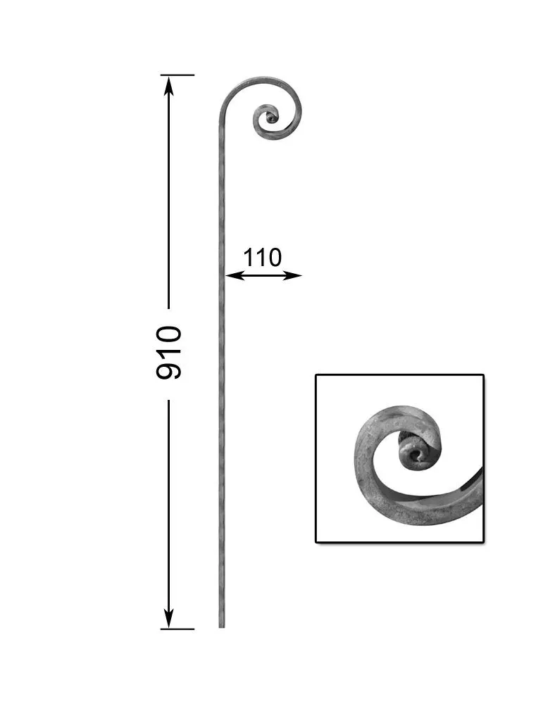 pièce élément ferronnier serrurier VOLUTE A FORMER LISSE NOYAU 910x110 Section 20x10 ACIER FER FORGE Ref: VF201-20X10