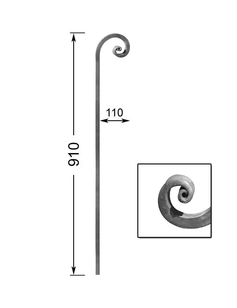 pièce élément ferronnier serrurier VOLUTE A FORMER LISSE 910x110 Section 14 ACIER FER FORGE Ref: VF211-14