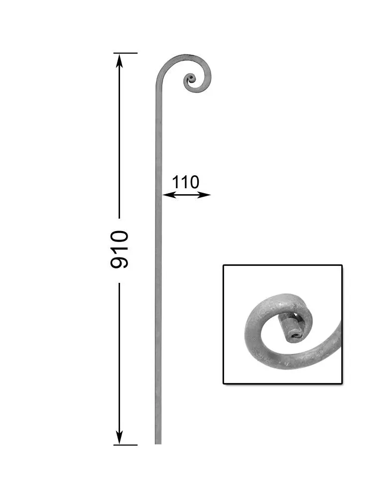 pièce élément ferronnier serrurier VOLUTE A FORMER LISSE NOYAU 910x110 Section 14 ACIER FER FORGE Ref: VF301-R14