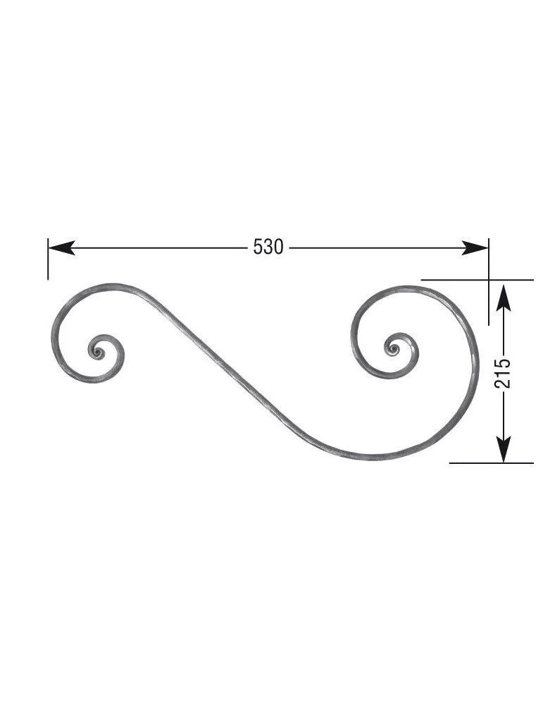 VOLUTE en S MARTELE NOYAU 530x215 Section 14x8 ACIER FER FORGE Ref: VP1M14X8