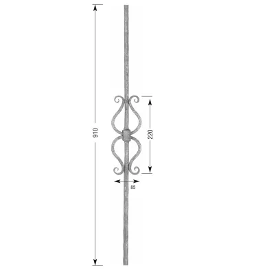 Barreau forgé HAUTEUR 910 mm - motif L. 85 x H. 220 mm Carré 12x12 - Ref 16-12-910