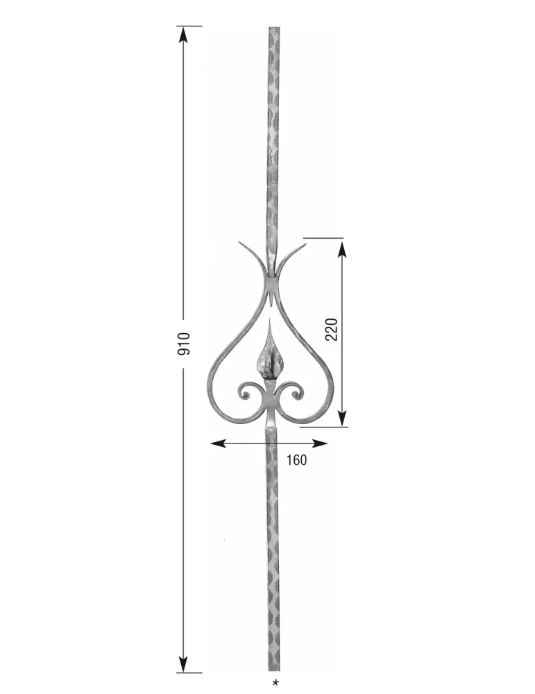Barreau forgé HAUTEUR 910 mm - motif L. 160 x H. 220 mm Carré 14x14 - Ref 17-14-910