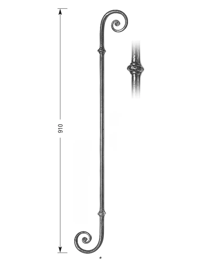 Barreau forgé HAUTEUR 910 mm - volute L. 110 mm Rond 14 - Ref 20V2-14-910