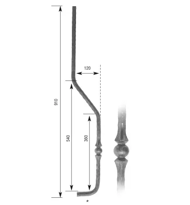 Barreau forgé galbé HAUTEUR 910 mm Carré 14x14 - Ref 21GS-14-910